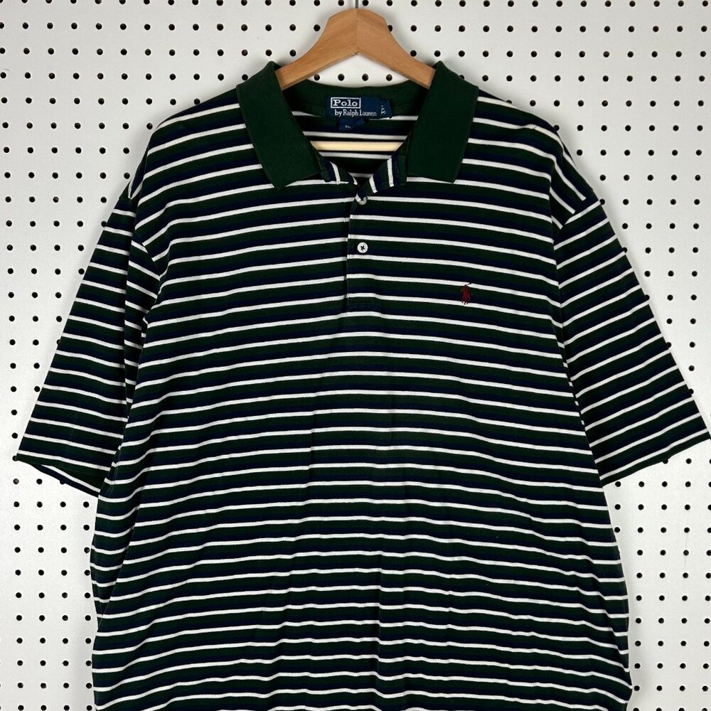 Polo Ralph Lauren Polo Shirt Size XXL Striped Golf Button Green‎ White Blue Pony - Picture 2 of 5